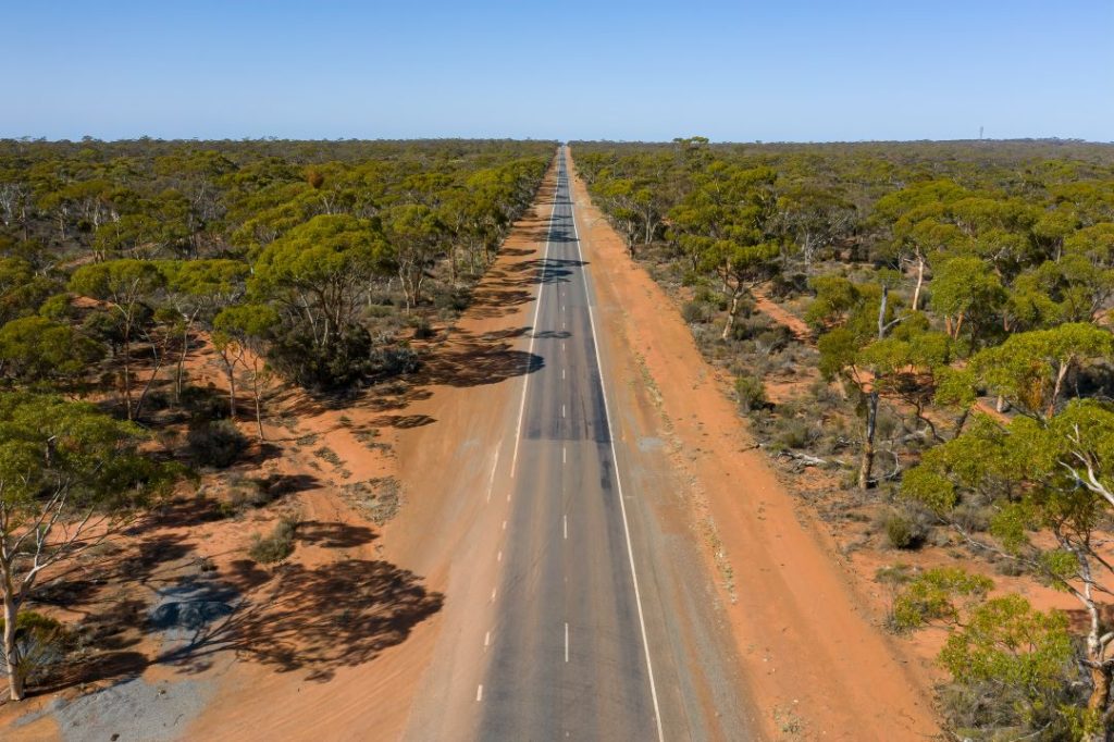 A straight stretch of the Eyre Highway cuts through the arid landscape of the Nullarbor Plain, lined with sparse vegetation.