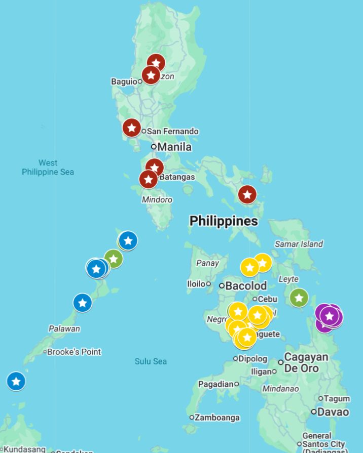 Color-coded travel map of the Philippines showing popular tourist destinations across Luzon, Visayas, and Mindanao. Key locations like Manila, Cebu, Palawan, Siquijor, and Davao are marked with stars and circles in red, yellow, blue, green, and purple to indicate different types of destinations or regions.