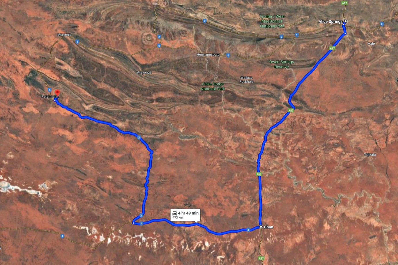Satellite map showing the driving route from Kings Canyon to Alice Springs via Ghan, the only way to return for 2WD vehicles, part of the red centre way road trip. 
