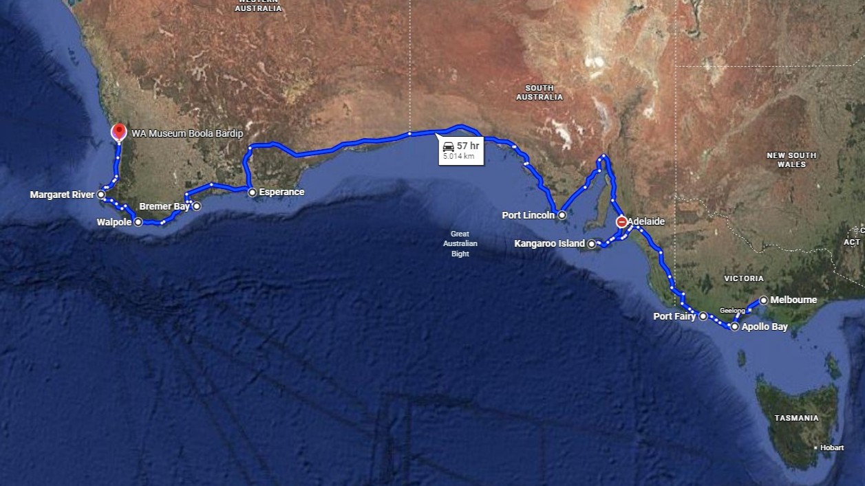 Map showing the full Melbourne to Perth road trip route via Apollo Bay, Port Fairy, Adelaide, Kangaroo Island, Port Lincoln, Esperance, and Margaret River, covering 5,014 kilometres and taking around 57 hours of driving.