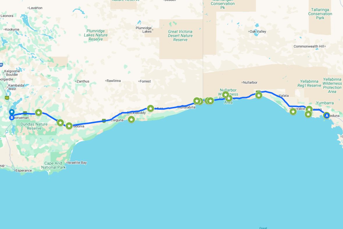 Screenstho of the nullarbor road trip map included in this article, showing the road from ceduna to norseman and spots to visit represented by green stars