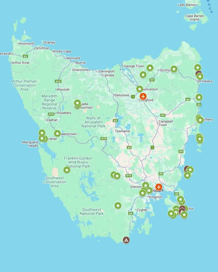 Illustrated map of Tasmania marked with natural attractions, parks, and key towns, useful for planning popular things to do in Tasmania across the island’s regions.