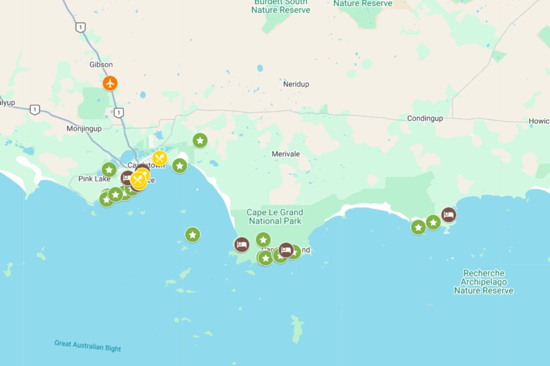 Map of Esperance and surrounding coastline in Western Australia showing clusters of pins for beaches, parks, food spots, and accommodation, highlighting popular things to do in Esperance around Cape Le Grand National Park and Pink Lake.