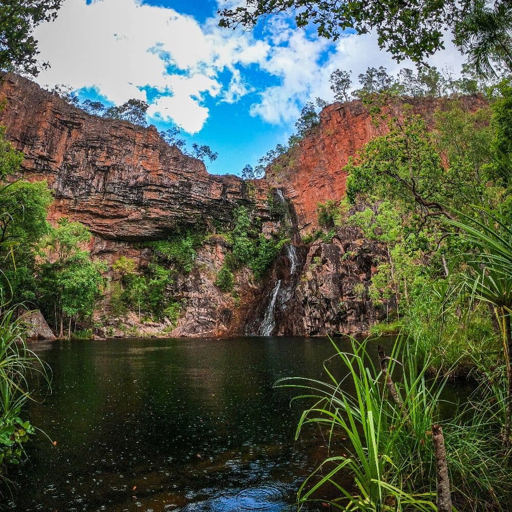 Looking up to a smaller, but still very mighty waterfall, one of Litchfield National Park's finest. The Sandy Creek (Tyjaynera) Falls.