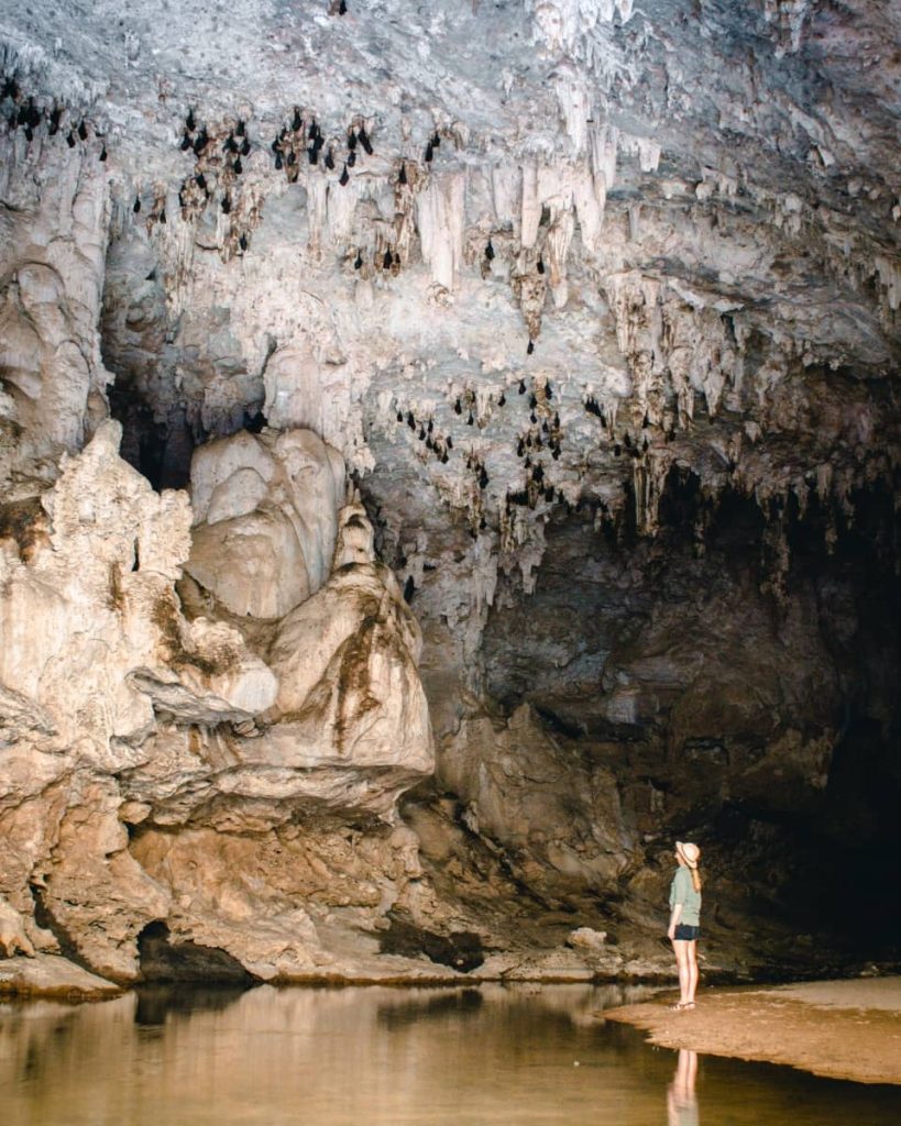 A woman stands beside a still pool inside Tunnel Creek, looking up at a ceiling filled with bats and dramatic limestone formations—an eerie yet iconic highlight along the gibb river road itinerary.