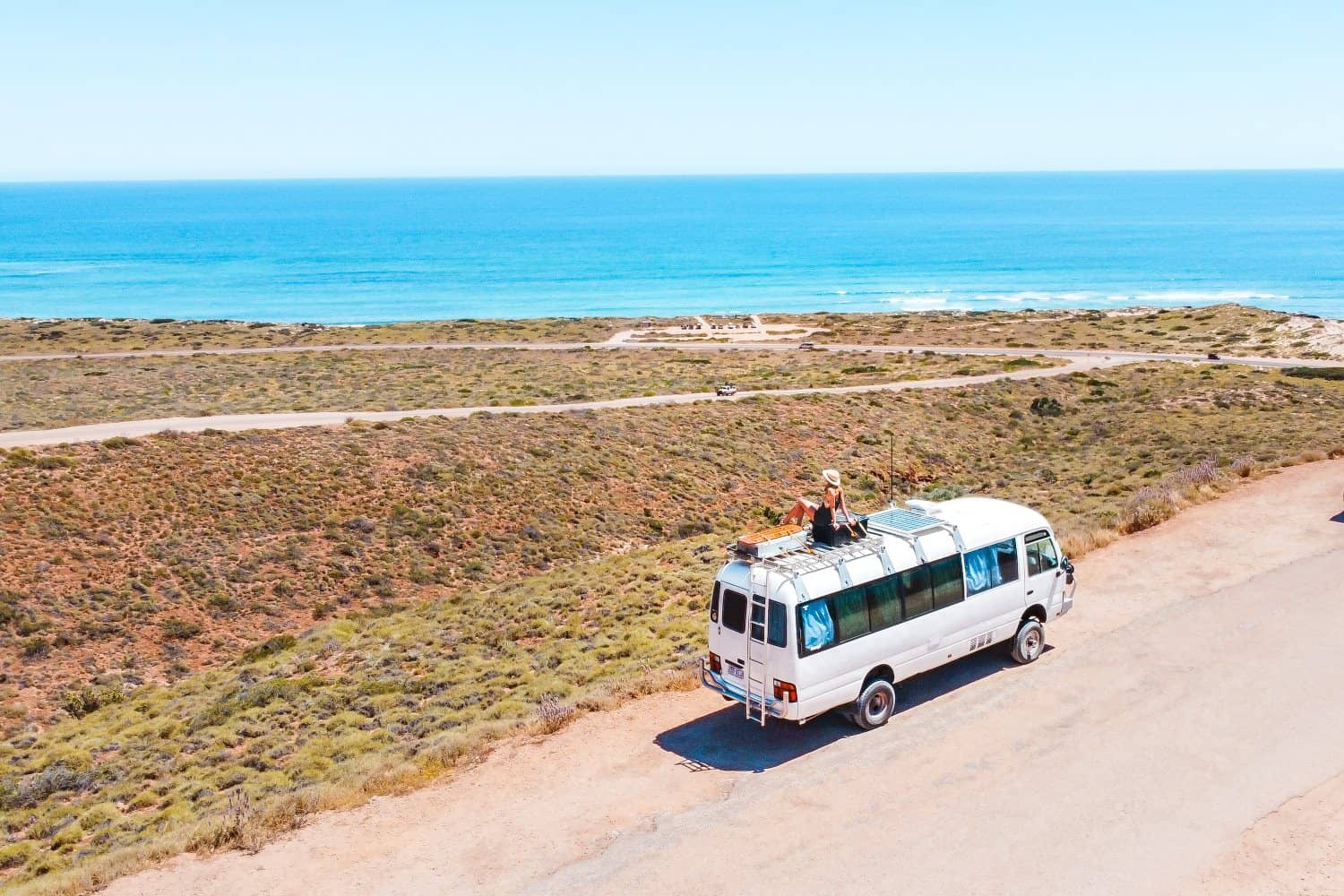 Bunji the bus on top of the lighthouse in Exmouth, WA