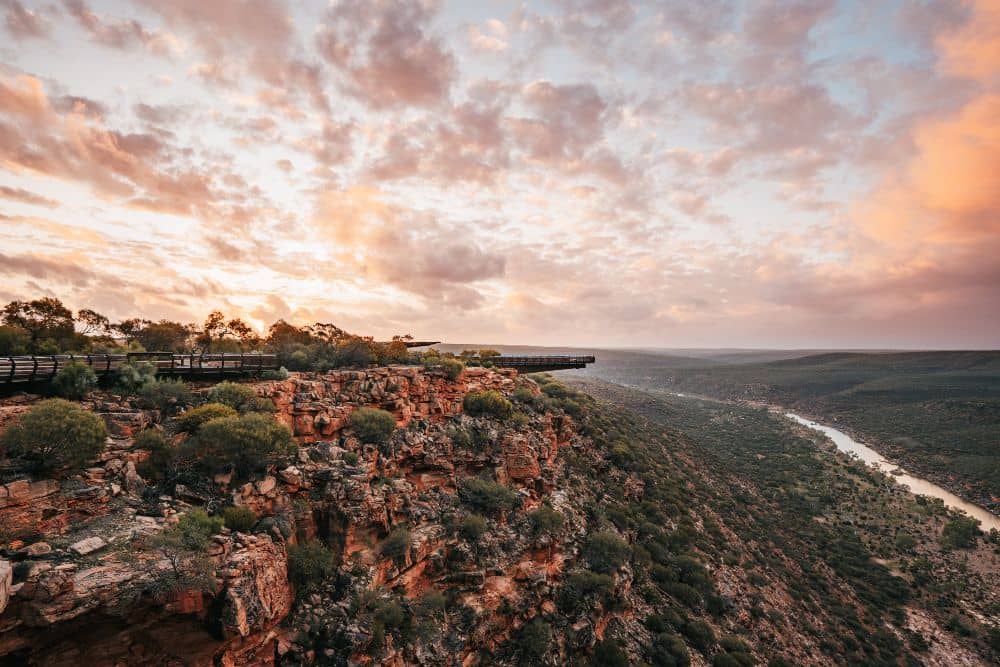Sunset over Kalbarri Skywalk in Western Australia.