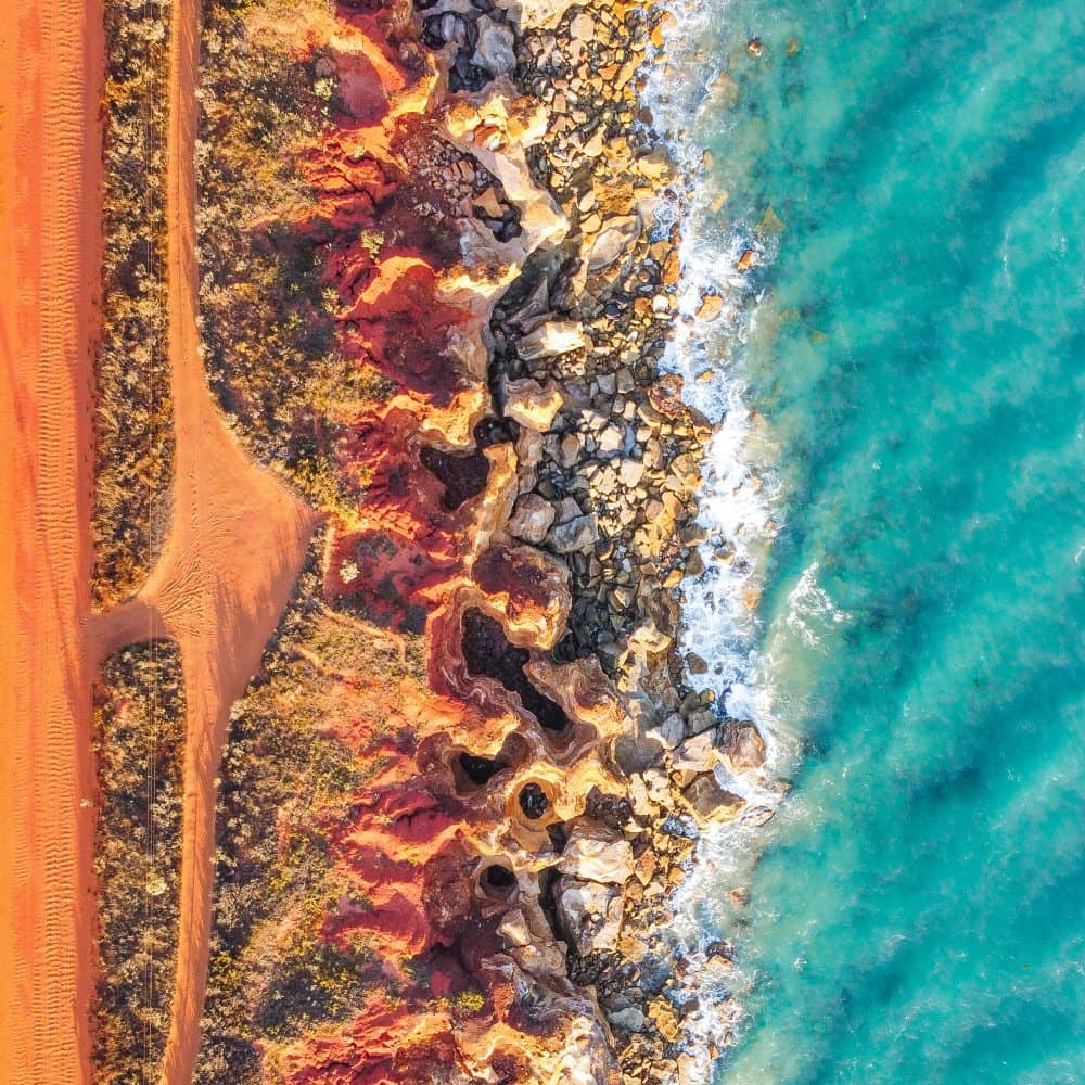 Gantheaume Point Broome from the sky. An amazing place that you can drive to from brrome. Blue and orange landscape.
