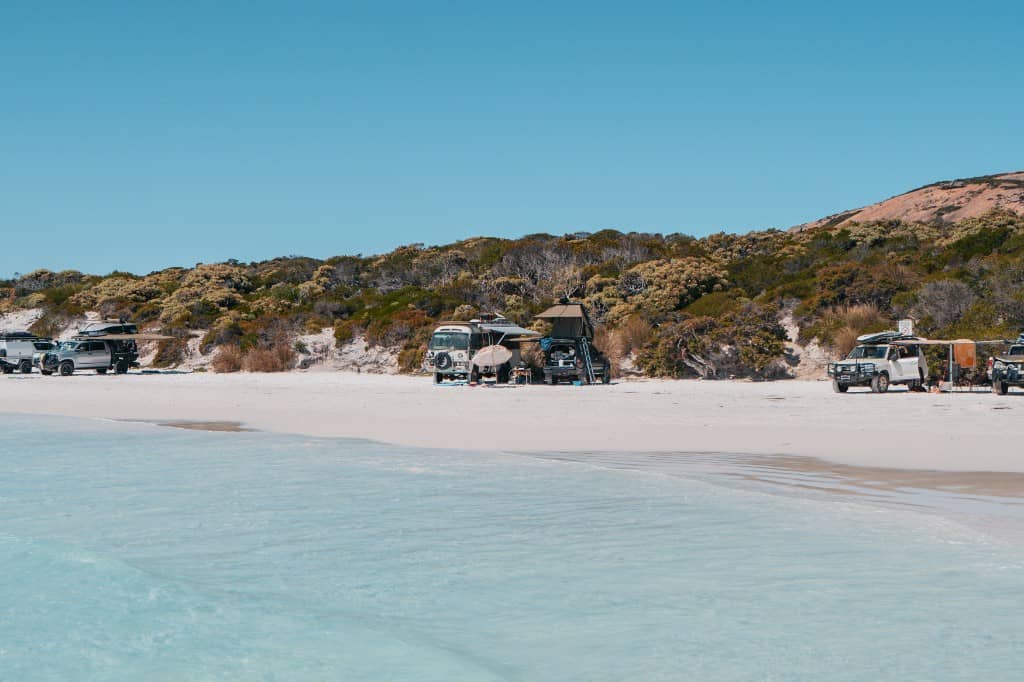 Vehicles camping at Wharton beach in Esperance, WA