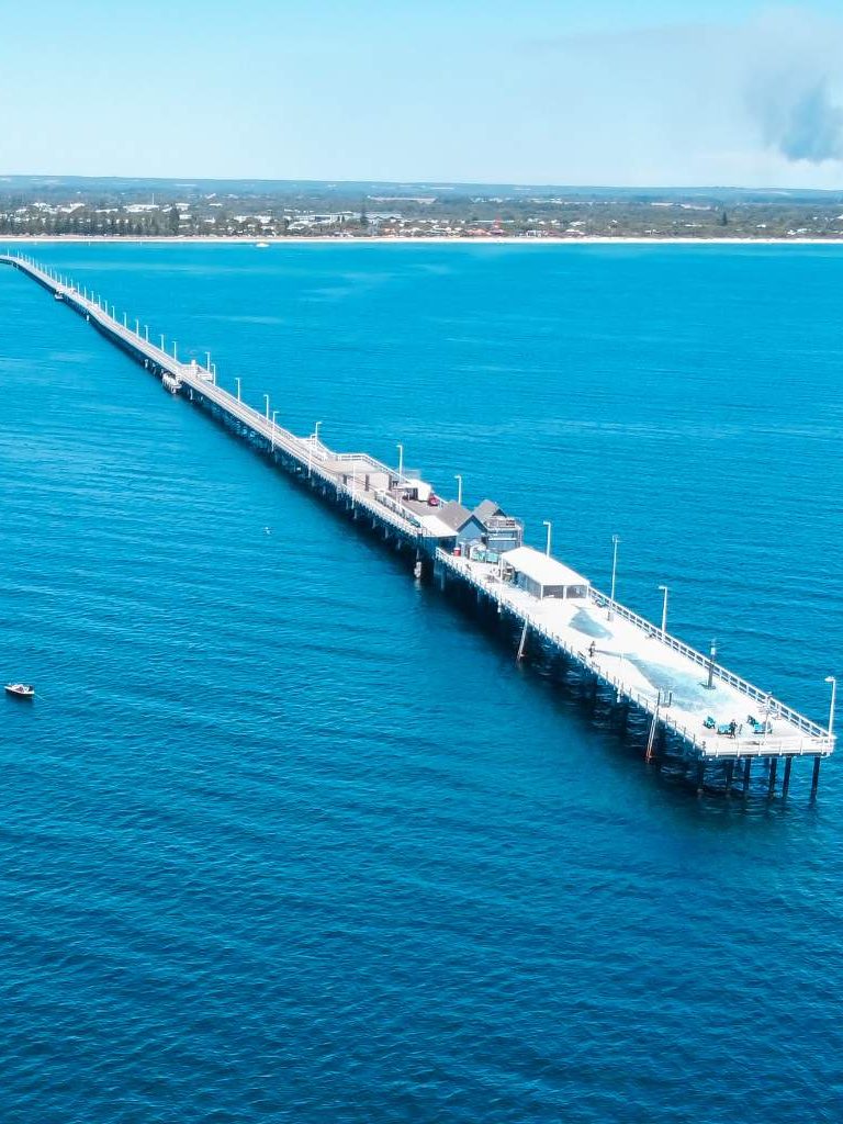 Aerial view of Busselton Jetty, in Busselton, Western Australia
