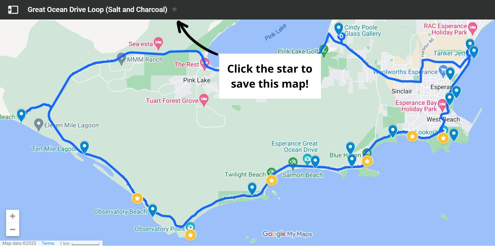 Screenshot of Google Map showing the Great Ocean Drive in Esperance, WA. It has a text saying that you have to click the star to save the map into your Google account