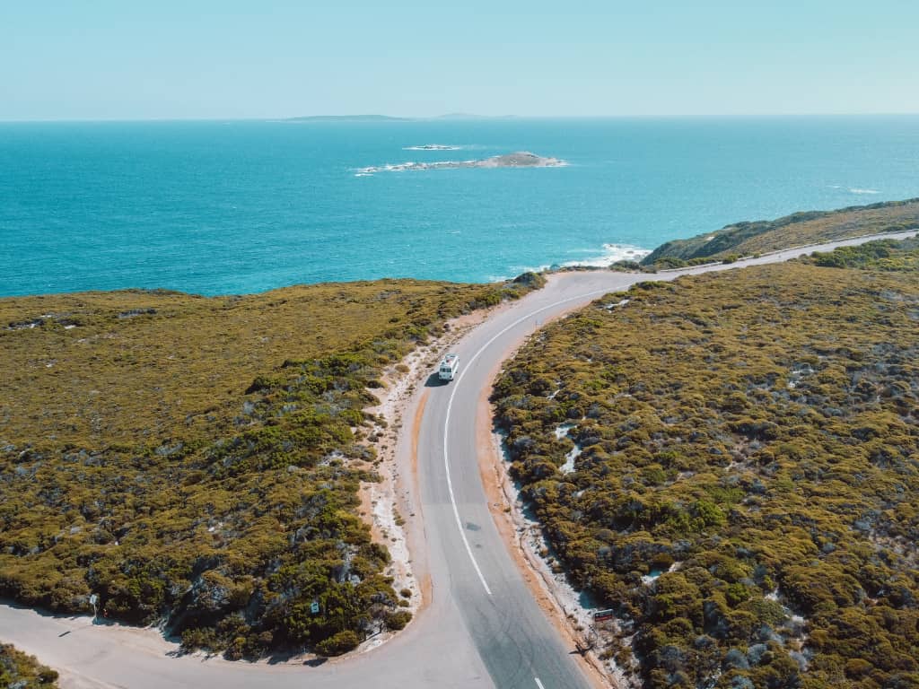 Bus driving along the Great Ocean Drive in Esperance, Western Australia