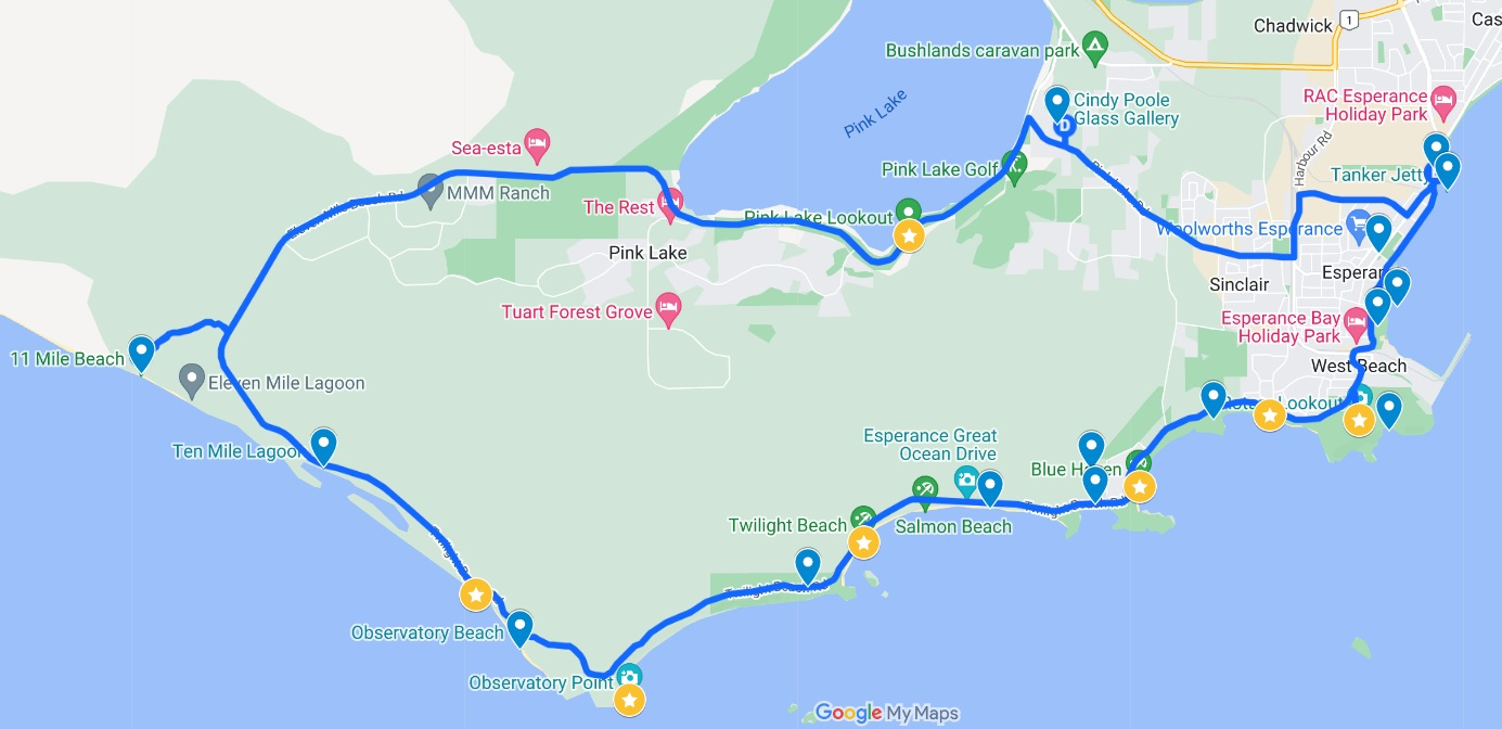 Screenshot of the Great Ocean Drive map, in Esperance, Western Australia. Shows all the stops of the scenic drive