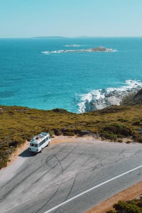 Caravan parked in one of the many lookouts of the Great Ocean Drive in Esperance