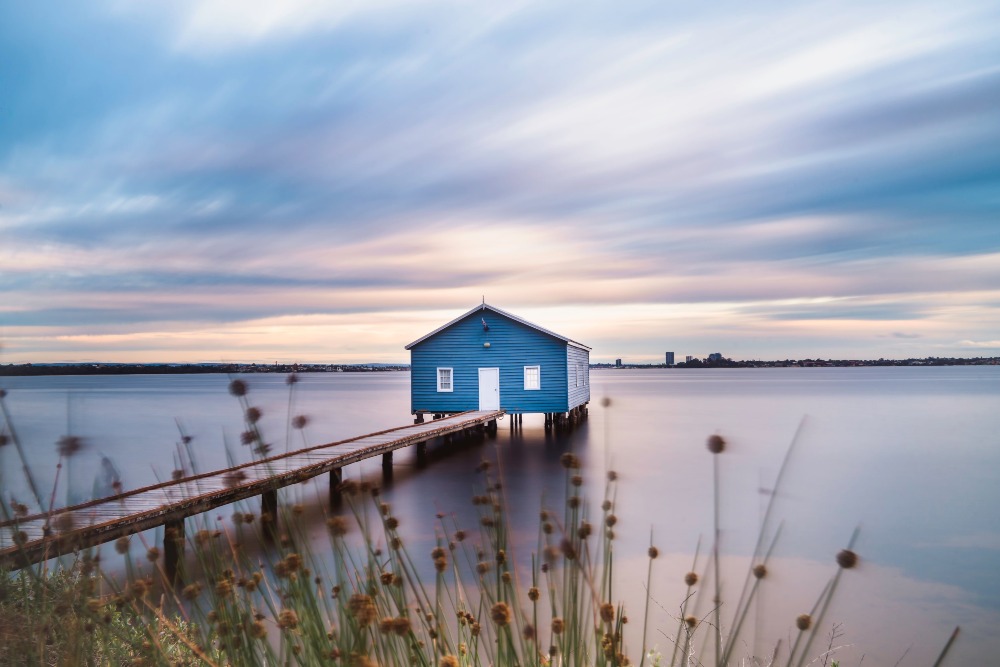 The blue boat house in Perth, Western Australia. A popular photography spot in Perth and a great instagram spot.