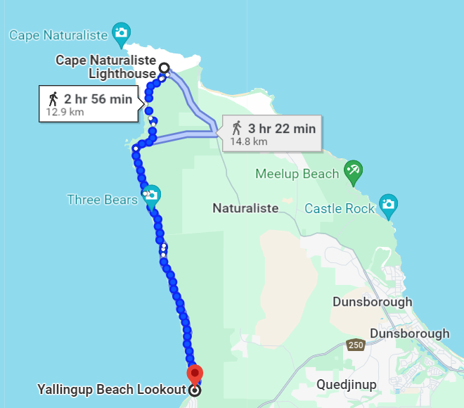 Image of map showing Cape Naturalist Lighthouse to Yallingup Beach Lookout.