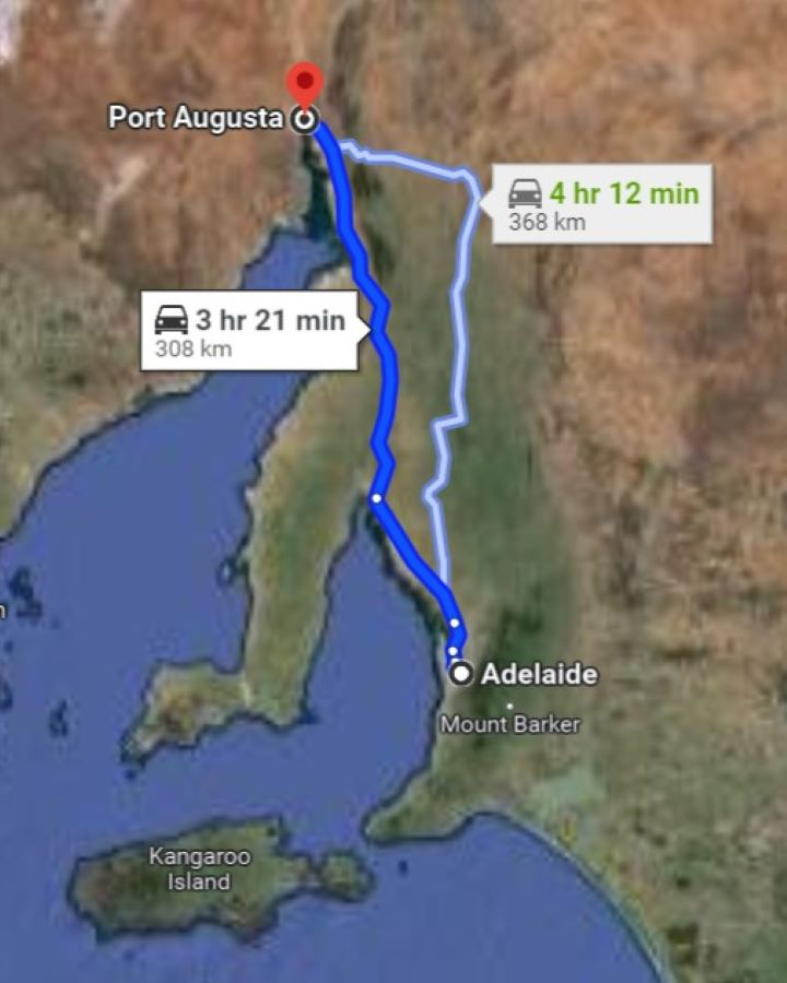 Map showing the route from Adelaide to Port Augusta, highlighting the 300-kilometer drive that takes approximately 3.5 hours.