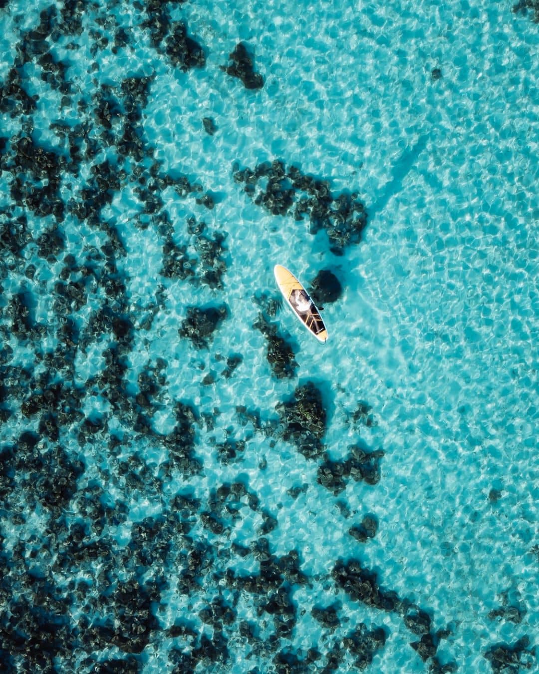 An aerial view of a person kayaking in clear, turquoise waters near Coral Bay. The shallow water reveals patches of dark coral beneath the surface, creating a stunning contrast with the bright blue sea. It is one of the activities you can enjoy on a Perth to Exmouth road trip