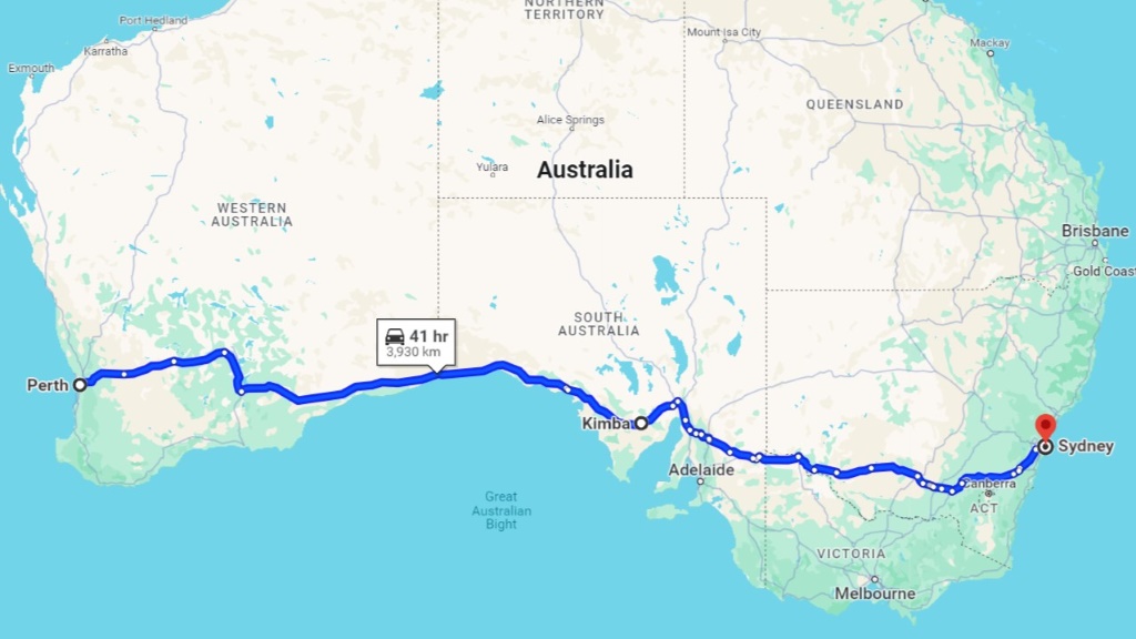 Screenshot of a map displaying a road trip route across Australia, from Perth to Sydney, with a stop in Kimba, South Australia. The journey covers approximately 3,930 kilometres and is estimated to take around 41 hours of driving. The highlighted path passes through the southern part of the country, offering a clear visual of the route across Western Australia, South Australia, and New South Wales.