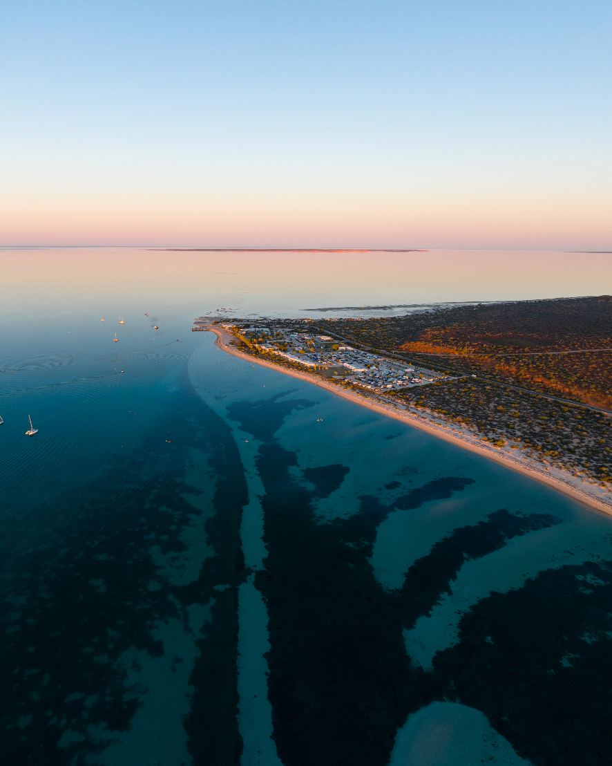 Aerial view of Shark Bay at sunset with a long beach, clear blue waters, anchored sailboats, and a sky transitioning from light blue to pink, reflecting on the calm sea.