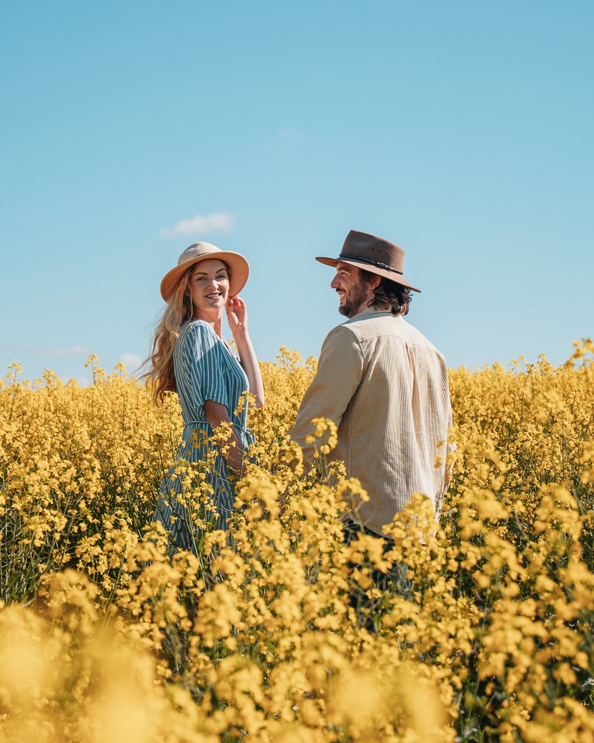 A couple stands in a vibrant field of yellow flowers under a clear blue sky in Perth, Western Australia.
