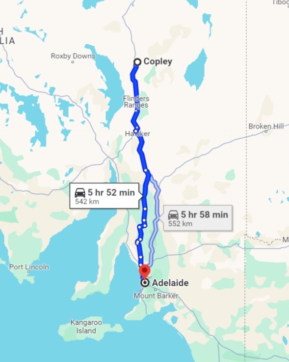 A map showing two driving routes from Adelaide to Copley, SA: 542 km (5 hr 52 min) and 552 km (5 hr 58 min).