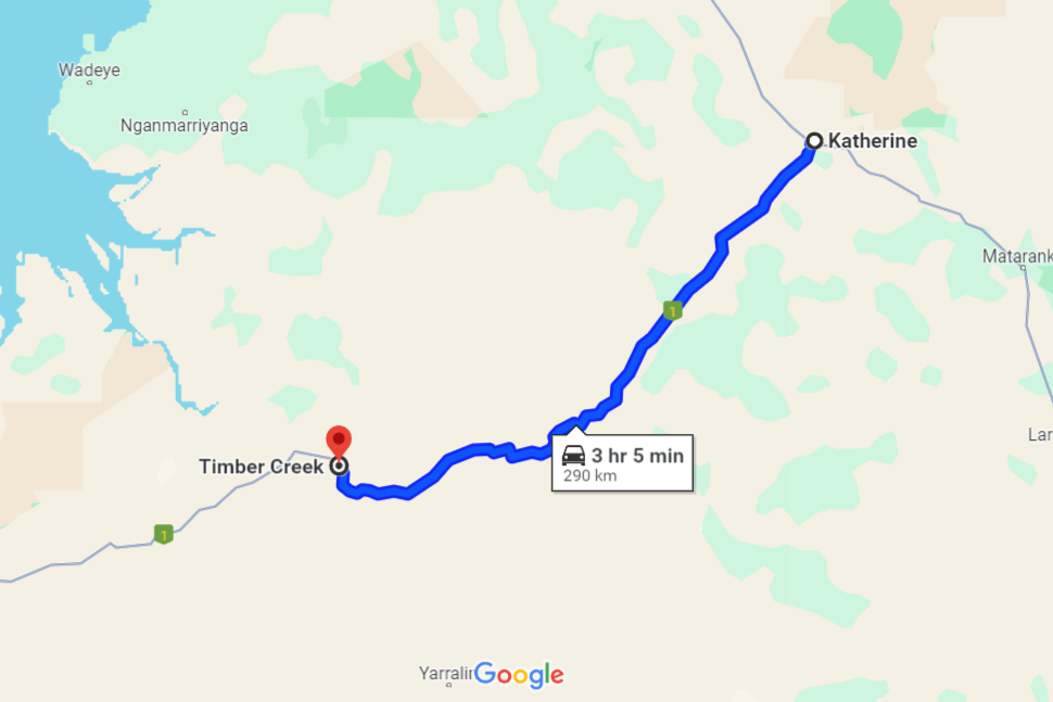 Map showing route from Katherine to Timber Creek along the Victoria Highway.