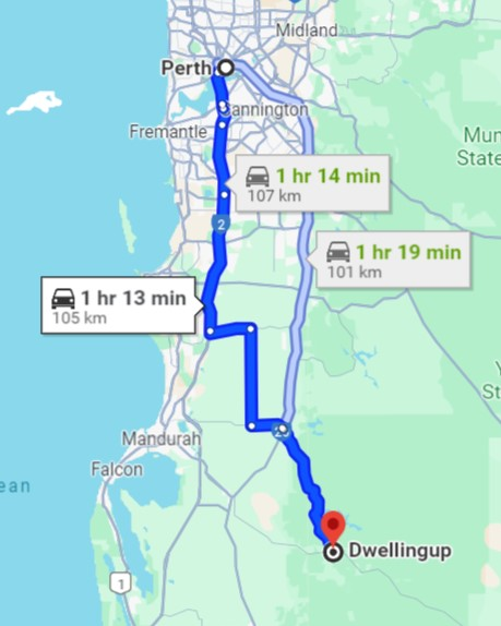 A map of three driving routes from Perth to Dwellingup, Western Australia. Routes are 105 km (1h 13m), 107 km (1h 14m), and 101 km (1h 19m). The map highlights the paths and surrounding areas, including Fremantle and Mandurah.