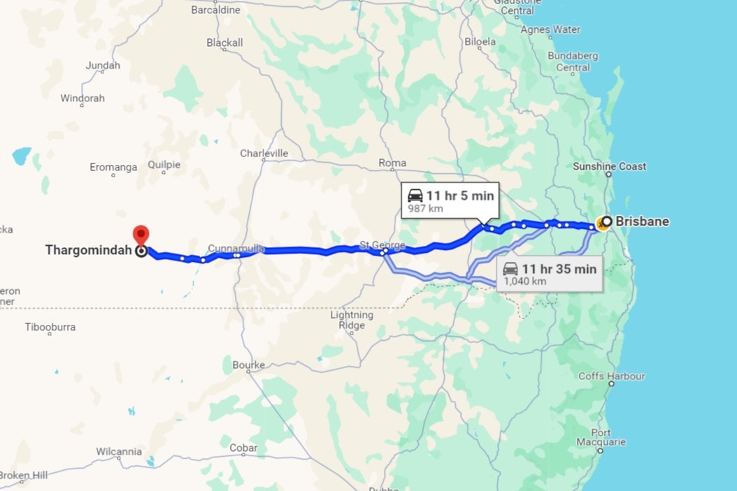 A map showing an 11-hour drive from Thargomindah to Brisbane.
