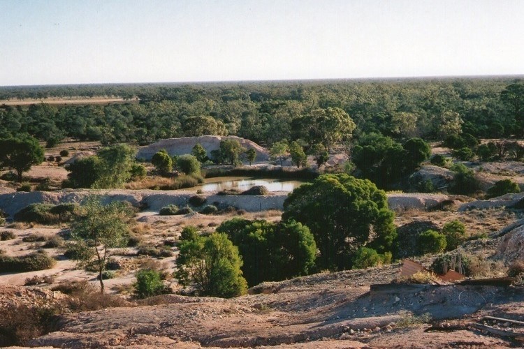 The Billion Dollar View overlooks the Corcoran Opal Fields in Lightning Ridge, New South Wales. The landscape features lush green trees surrounding a small water body amid the arid terrain, a scenic spot for those exploring where to find opals in Australia.