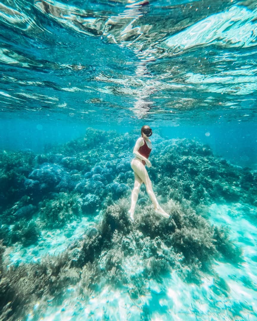 A snorkeler in a red swimsuit swims in the bright, clear water of a coral reef. It shows a scene of the best Rottnest Island tours you can experience.