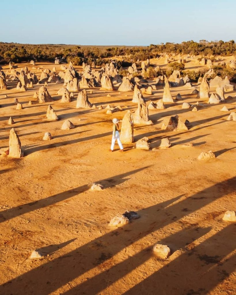 A woman walks among the limestone formations of the Pinnacles Desert in Western Australia. The late afternoon sunlight casts long shadows, highlighting the unique and rugged landscape against a clear sky.