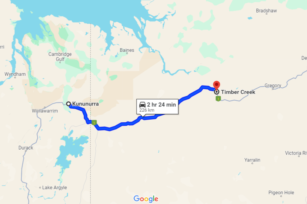 Map showing route from Kununurra to Timber Creek along National Highway 1.