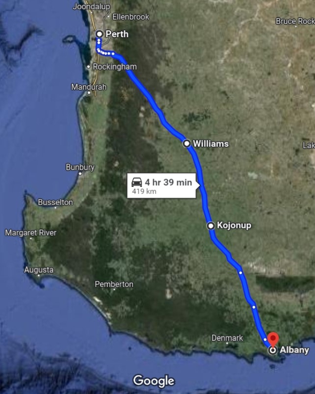 Google Maps satellite view showing a direct driving route from Perth to Albany via Williams and Kojonup, covering 419 km in approximately 4 hours and 39 minutes—an essential outline of the Perth to Albany Road Trip.