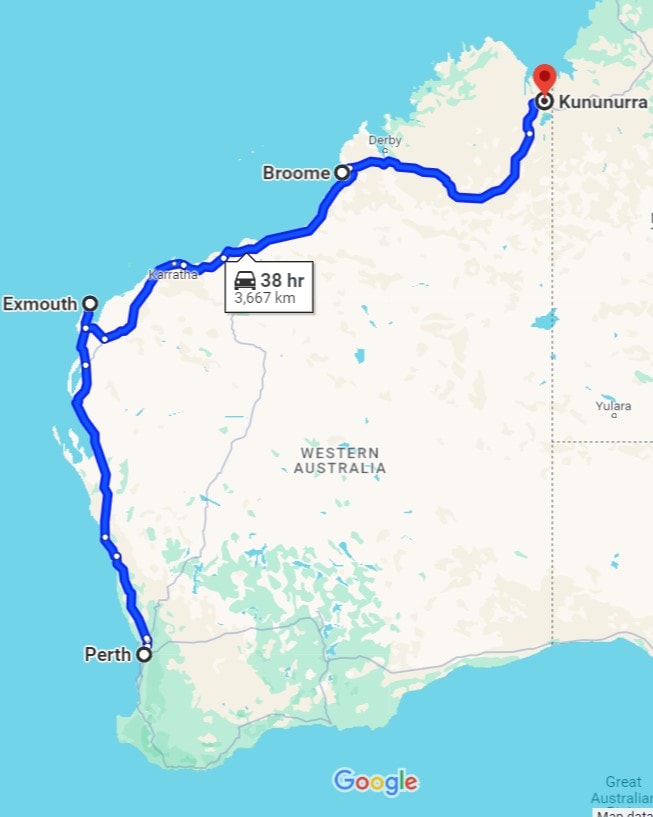 A road trip map showing the route from Perth to Kununurra via Exmouth, Broome, and Derby, covering a distance of 3,667 km and highlighting a popular journey for travelers exploring things to do in Kununurra and Western Australia.