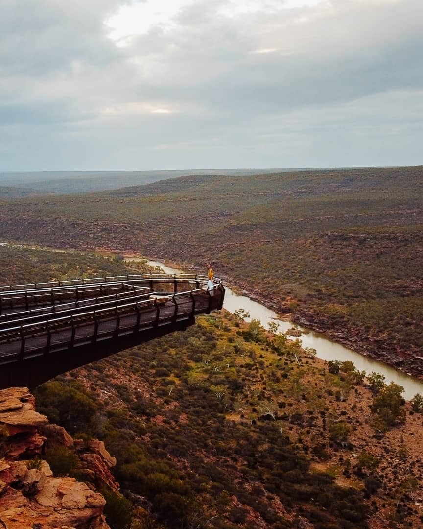 A person stands on the Kalbarri Skywalk in Western Australia, overlooking a vast landscape of canyons and a winding river. It shows one of the many things to do in Kalbarri.