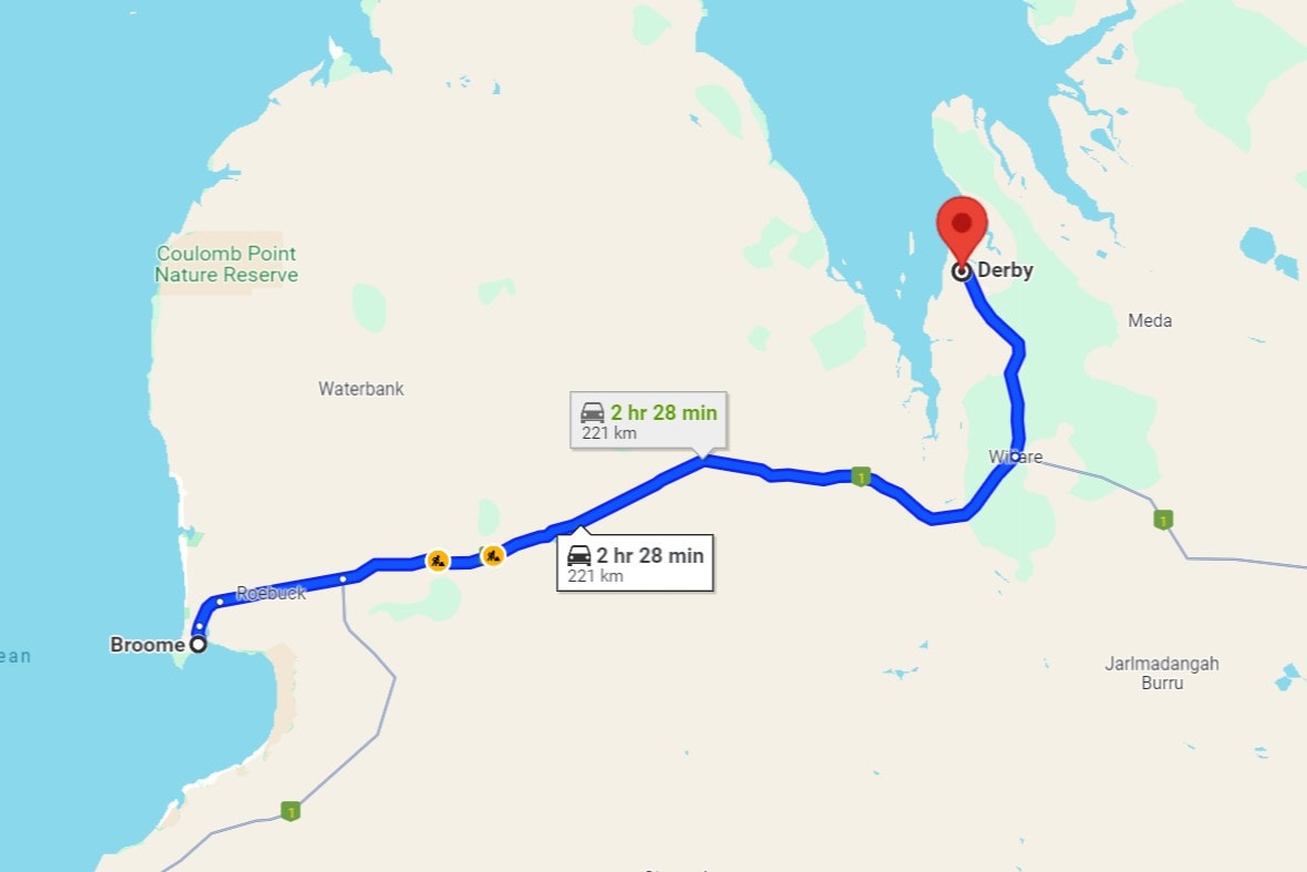 Map showing the driving route between Broome and Derby in Western Australia, with a travel time of approximately 2 hours and 28 minutes over a distance of 221 kilometers. This route highlights accessibility to popular things to do in Derby WA for travelers starting from Broome.