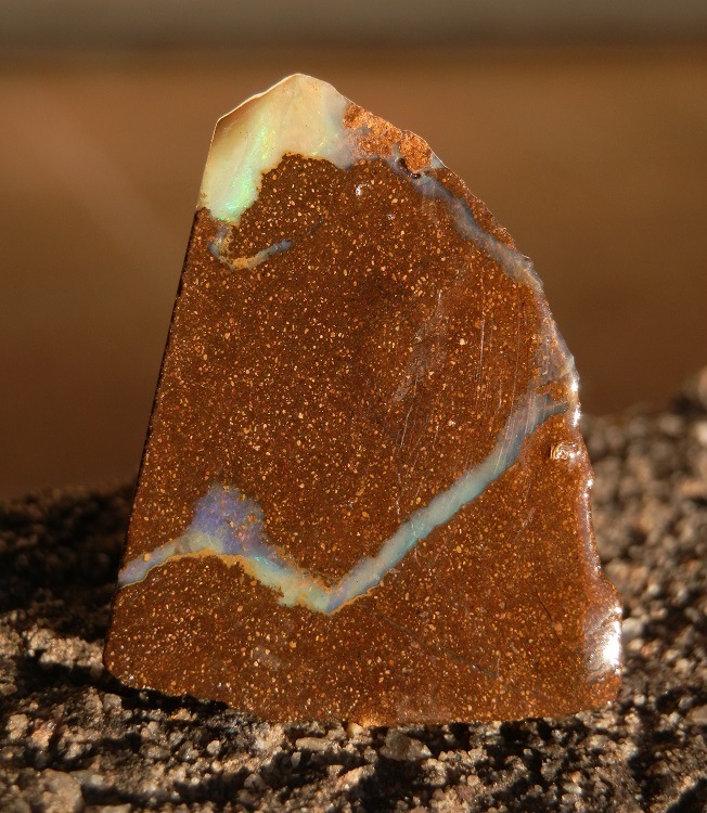Raw opal stone found in Queensland, the Queensland Boulder Opal. It has a brown ironstone matrix and vibrant blue-green flashes.