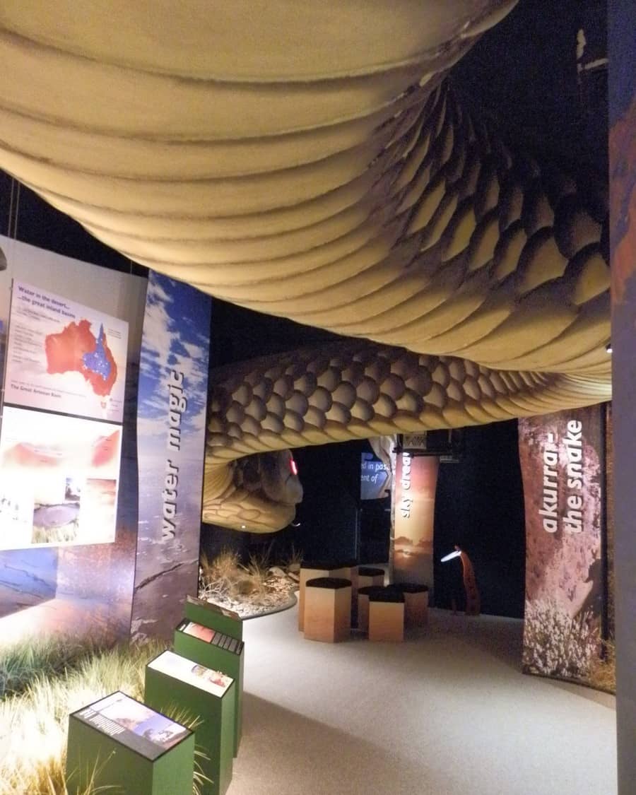 Exhibition featuring the Akurra snake at Wadlata Outback Centre in Port Augusta, with educational displays about the region's history and environment.