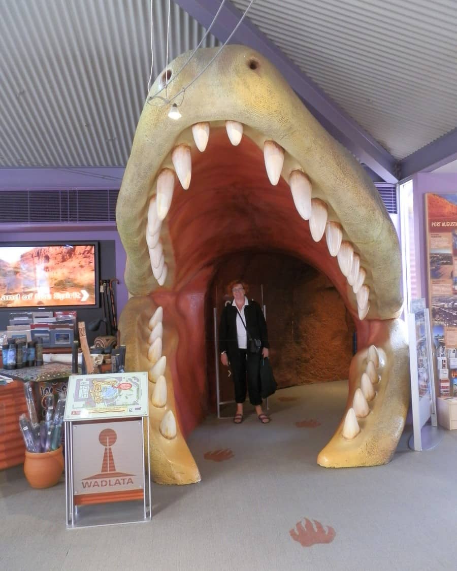 Entrance to Wadlata Outback Centre in Port Augusta, featuring a person standing inside a giant replica of a lizard's open mouth. Discover things to do in Port Augusta, including visiting this engaging center.