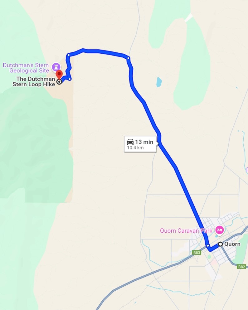 A map showing the route to the Dutchman’s Stern Geological Site and Loop Hike, located 10 km northeast of Quorn. The map highlights the road from Quorn Caravan Park to the hike’s starting point, which is a 13-minute drive.