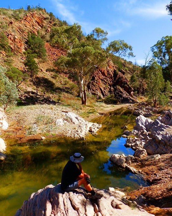 A person sitting on a rock, gazing over the tranquil Bolla Bollana Spring with rugged hills in the background at Arkaroola Wilderness Sanctuary, South Australia.