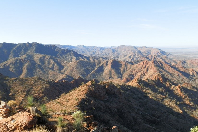 A sweeping view of the rugged Freeling Heights, showcasing the rocky terrain and dramatic ridgelines at Arkaroola Wilderness Sanctuary in South Australia.