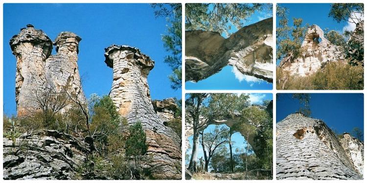 Mt Moffatt Rock Formations, Carnarvon National Park, QLD. A collage of images showcasing unique sandstone rock formations at Mt Moffatt. The tall, weathered towers and arches stand against a bright blue sky, highlighting the geological beauty of the region.