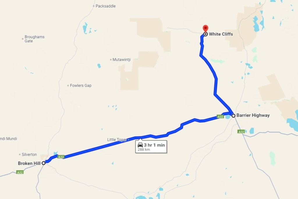 Map showing driving route from Broken Hill to White Cliffs via Barrier Highway and Opal Miners Way.
