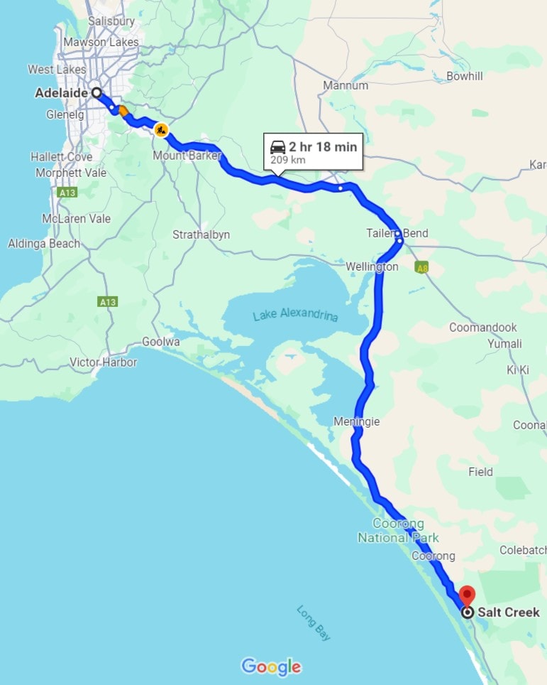 Map showing a driving route from Adelaide to Salt Creek, Coorong National Park, South Australia, covering a distance of 209 kilometers in approximately 2 hours and 18 minutes.