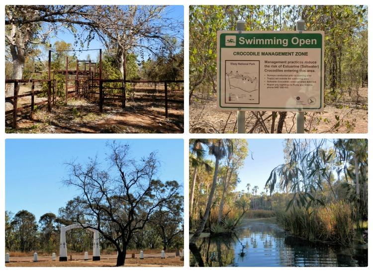 Elsey National Park, NT. A collage of scenes from Elsey National Park, including a sign for a crocodile management zone, dry bushland, and a serene natural waterhole surrounded by reeds and palm trees.