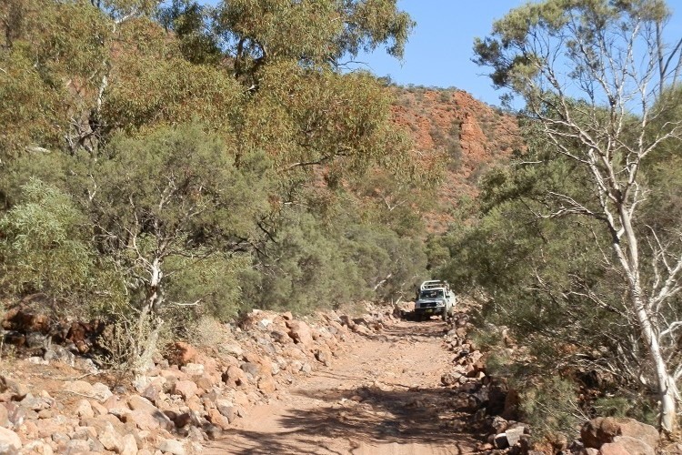 A 4WD vehicle navigating a rocky creek crossing, surrounded by eucalyptus trees and rugged terrain at Arkaroola Wilderness Sanctuary, South Australia.
