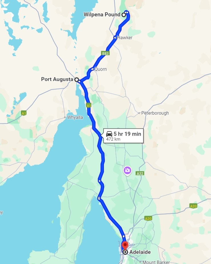 Map showing the driving route from Adelaide to Wilpena Pound in the Flinders Ranges, stopping midway in Port Augusta, South Australia.
