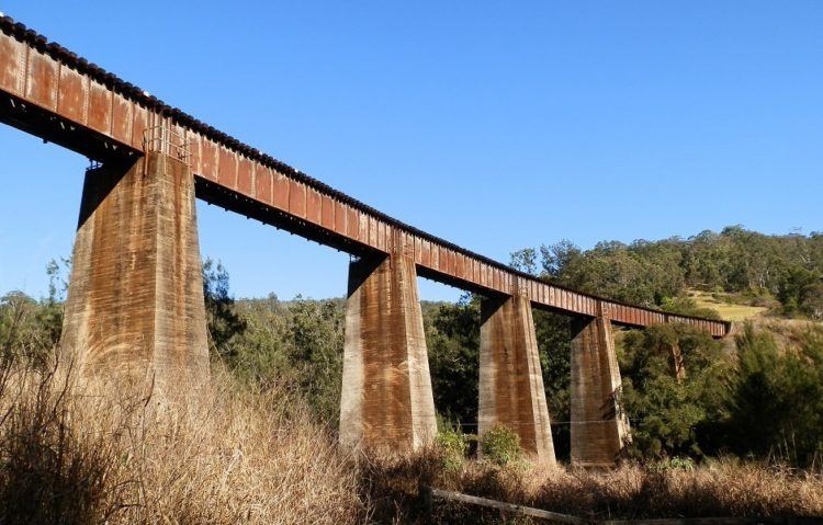 The wooden viaduct on Lions Road near Kyogle, supported by tall concrete pillars, spans across a green valley under a clear blue sky.